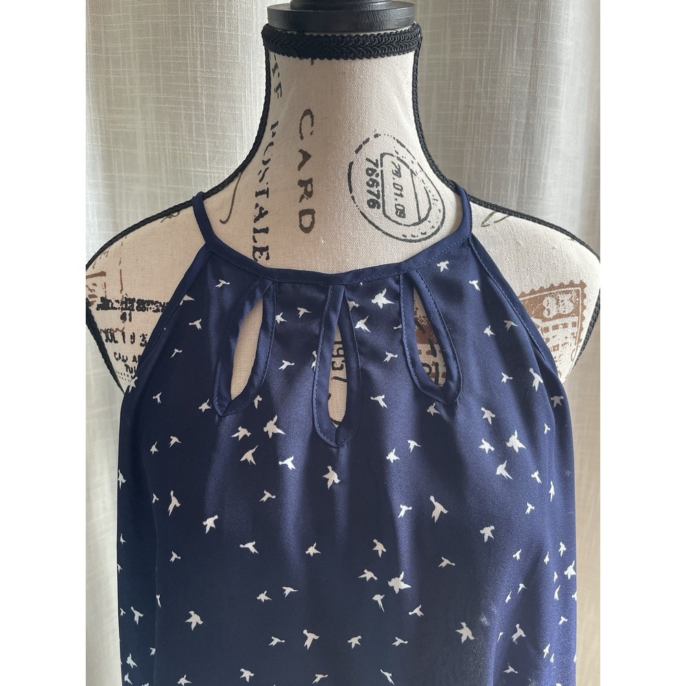 PAPERMOON Women's XL Navy Bird Print Keyhole Halter Sleeveless Tank Top Summer